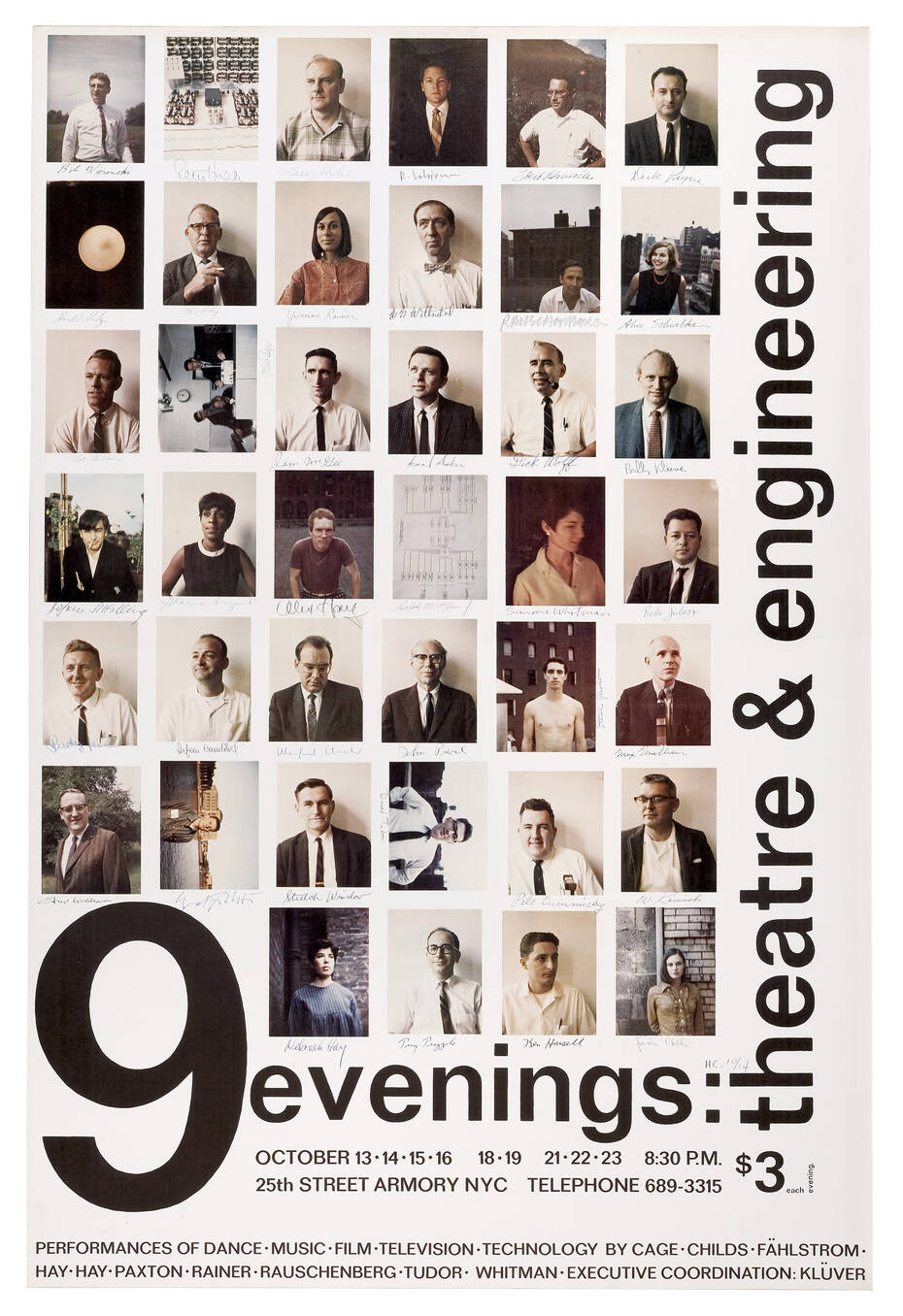 9 Evenings poster designed by Robert Rauschenberg, signed by all participants © Robert Rauschenberg Foundation / Licensed by VAGA, NYC
