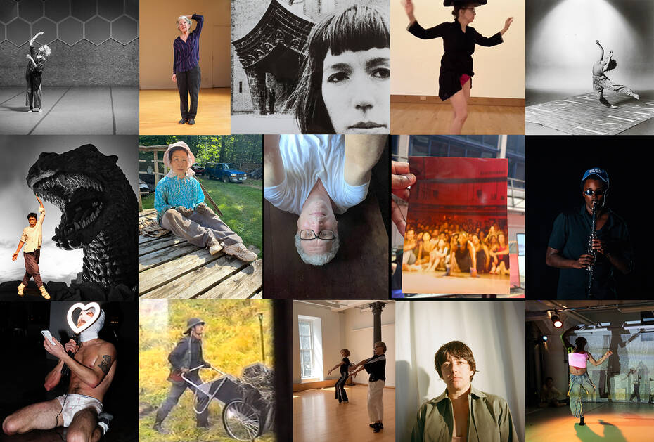 Top row L to R: Wendy Perron by Ardaud Beelen for TicTac; Deborah Hay by Richard Termine; Still from Journeys From Berlin/1971 by Yvonne Rainer; Julie Mayo video still of Fête courtesy of the artist; Lisa Kraus by Lois Greenfield. Middle row L to R: Yoshiko Chuma by Julie Lemberger; Sakrua Shimada & Daniel Lepkoff by Lepkoff; Kriss Lee image courtesy of the artist; Nile Harris by Ahad Subzwari. Bottom row L to R: Wonderful Cringe by Rebecca Steighner; Steve Paxton in still from video by cw; Tess Dworman by Amelia Golden; Emily Coates & Iréne Hultman still from video; Arien Wilkerson by Chris Giamo.