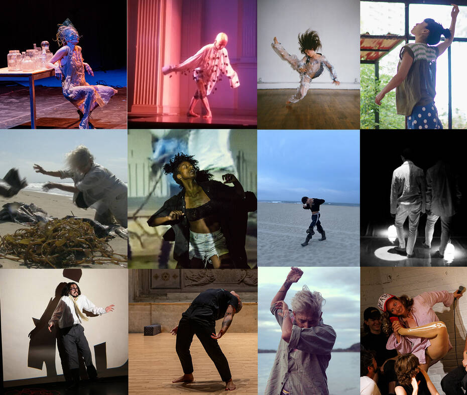Top row L to R: Jodi Melnick by Dean Villarini; K.J. Holmes performing Pinecones at the Danspace Gala 2019 honoring Simone Forti, photo by Douglas Dunn; Amelia Heintzelman by Carolyne Loree Teston; Sakura Shimada by Nikolas Aud. Middle row L to R: Screencapture of Simone Forti Zuma News, 2013 Camera by Jason Underhill Image courtesy of the artist and The Box, LA; Marguerite Hemmings by ScottShaw; Lysis by Peter Avila; Luis A. Lara Malvacías and Jeremy Nelson by Laura Fuchs. Bottow row L to R: Jonathan Matthews-Guzmán by Philippa Fort; Fabio Tavares by Rachel Keane; Sondra Loring by Kelly Kamm; Alex Tatarsky by Maria_Baranova.