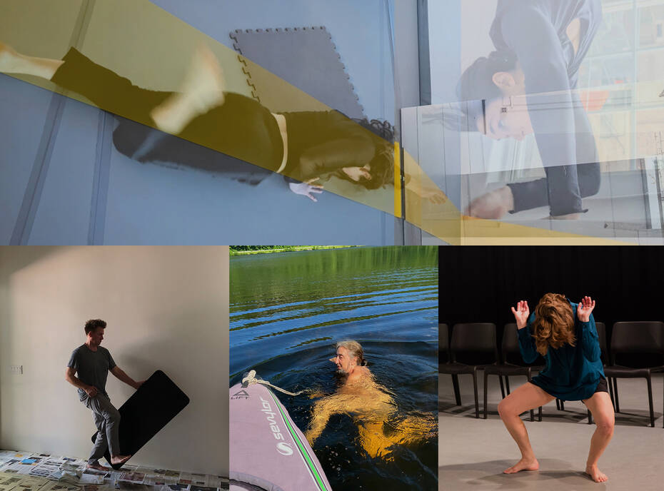 Top row: Dancews courtesy of the artist. Bottom row: Jon Kinzel by Christine Regan; Jennifer Miller swimming in Vermont, image by cw; Julie Mayo in Novatia Tryer, image by Scott Shaw.