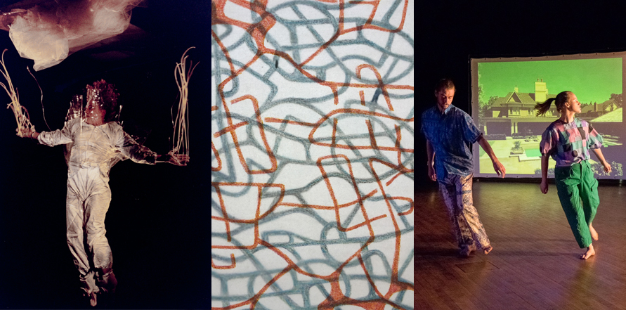 Left - Jennifer Monson in Gravity Twins by Cathy Weis, photo by Sue Reese; Center - Vellum drawing by Jon Kinzel; Right - Stuart Shugg and Anna Kroll, photo by Jon Barber