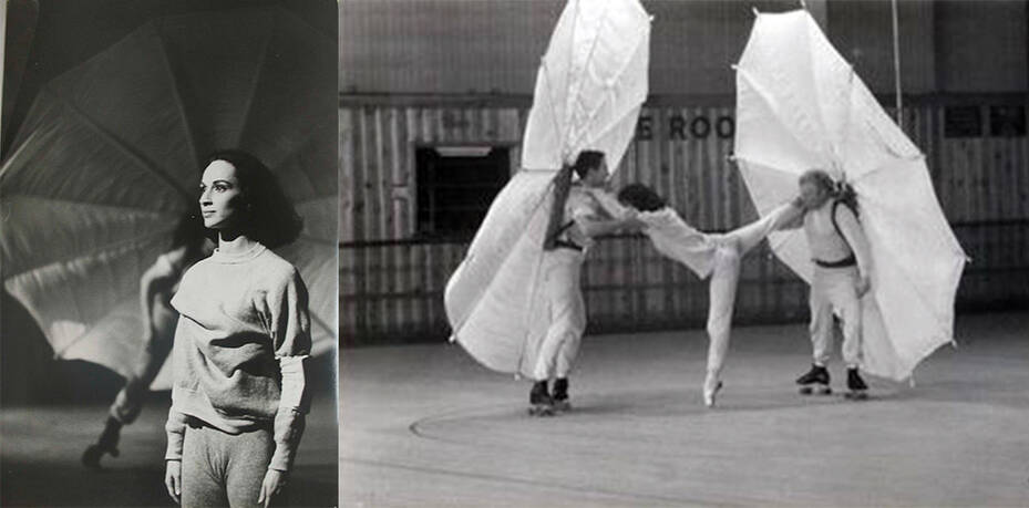 Carolyn Brown and Robert Rasuchenberg during a rehearsal for "Pelican" in 1963. Photographer unknown. (Left); Robert Rasuchenberg, Carolyn Brown and Per Olof Ultvedt during a rehearsal for "Pelican" in 1963. Photographer unknown (Right)